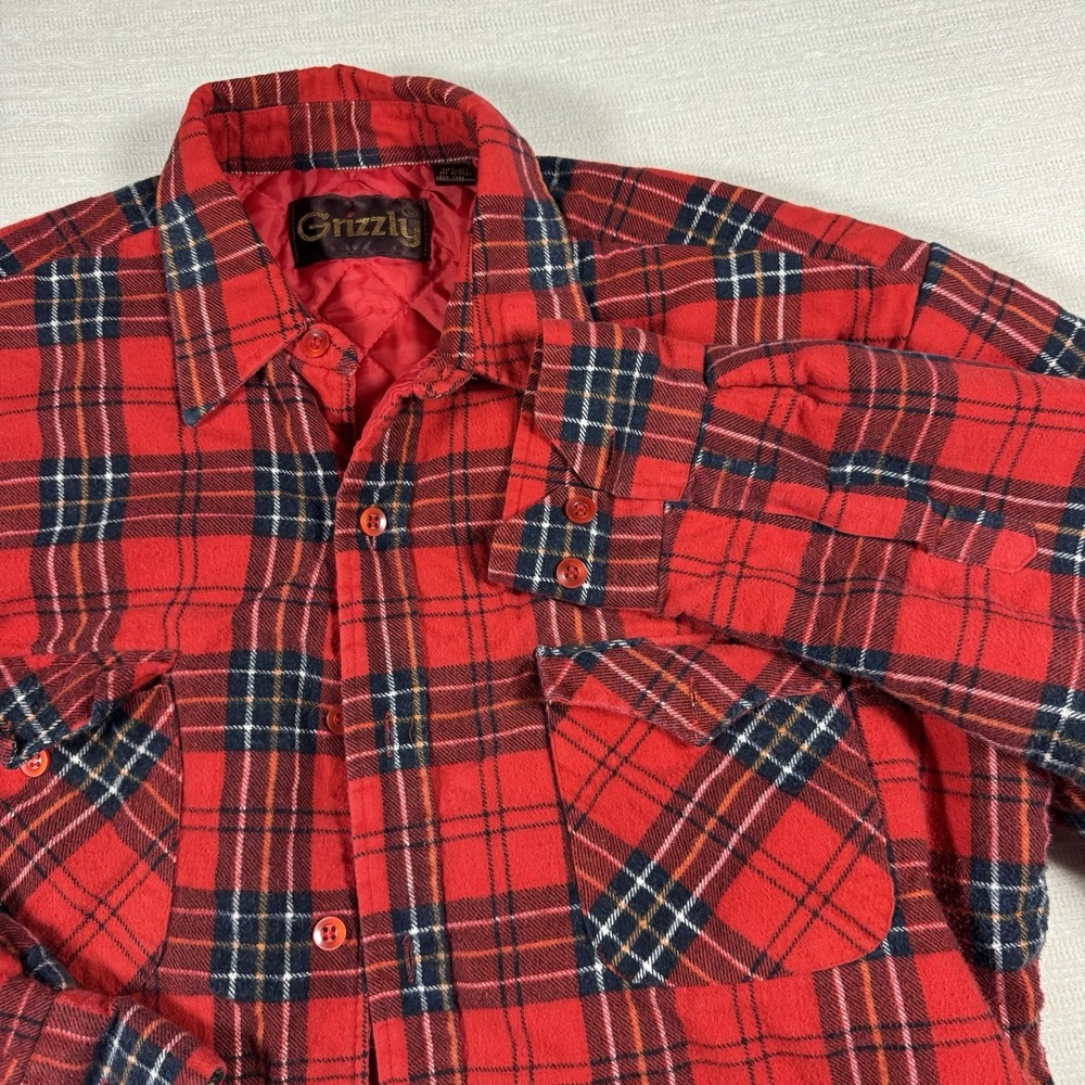 Vintage Grizzly Insulated Red Quilt Lined Flannel Jacket Plaid Shacket LRG 80s